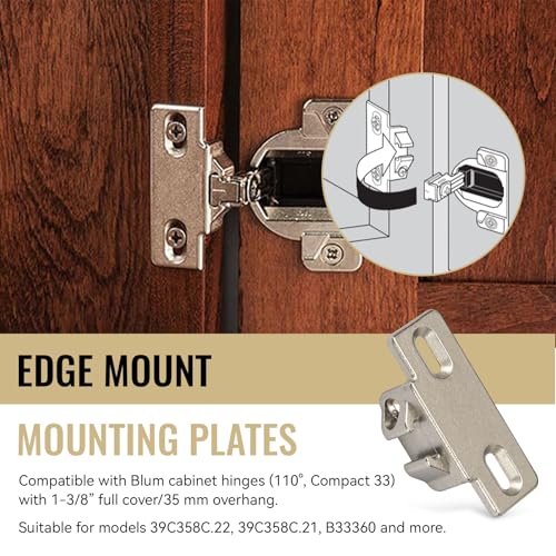 Hinge Mounting Plate Replacement for Blum 1 3/8" Overlay Compact 33 110 Degree, Face Frame Edge Mount Plates for Blum Cabinet Hinges, Self Closing, Nickel Finish (Pack of 2)