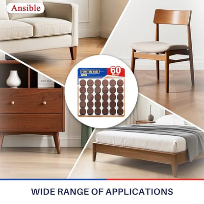 Ansible 60 PCS Felt Furniture Pads 1", Felt Pads for Chair Leg Floor Protectors for Hardwood Floors Round (Brown) - size: 60 PCS 1" Brown, Round