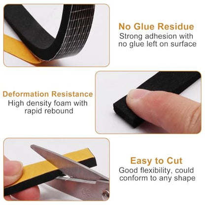 Weather Stripping Door Seal Strip, Strong Adhesive, Cold Insulation, Weatherproof, High Density Foam Insulation Tape for Doors, Windows, Sliding Door, Black (1/2 in x 3/8 in x 13 Ft)