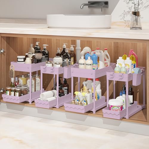 Sevenblue Under Sink Organizer, Bathroom Organizers and Storage, 2 Tier Multi-Use Pull Out Cabinet Organizer with Hang Hooks and Cups (Pink, 4 Pack) - color: Pink, size: 12.8 Inch