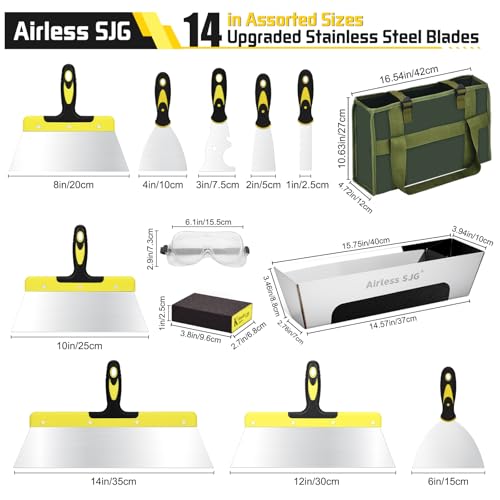 14PCS Drywall Knife Set, Hand Tool Kit Include Stainless Steel Putty Knives, Taping Knives, Painter Scraper, 14" Drywall Mud Pan,Oxford Carry Bag & Sanding Block,Spackle Tools for Home
