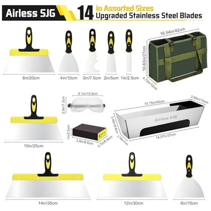 14PCS Drywall Knife Set, Hand Tool Kit Include Stainless Steel Putty Knives, Taping Knives, Painter Scraper, 14" Drywall Mud Pan,Oxford Carry Bag & Sanding Block,Spackle Tools for Home