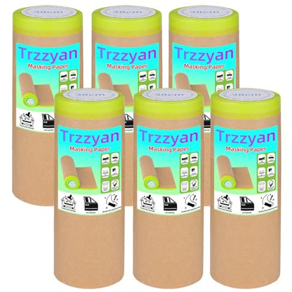 12Inchx50Feet Pre-Taped Masking Paper Roll - Heavy Painters Paper with Adhesive, Tear-Resistant for Auto Body, Wall Painting, Floor Protection, Furniture&DIY Projects(6 Roll) (6, 12inch*50feet)