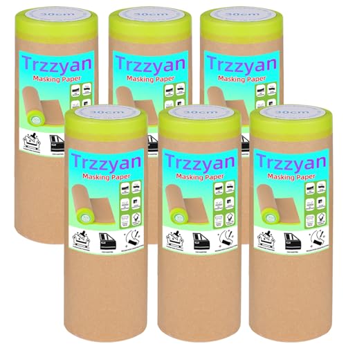 12Inchx50Feet Pre-Taped Masking Paper Roll - Heavy Painters Paper with Adhesive, Tear-Resistant for Auto Body, Wall Painting, Floor Protection, Furniture&DIY Projects(6 Roll) (6, 12inch*50feet)