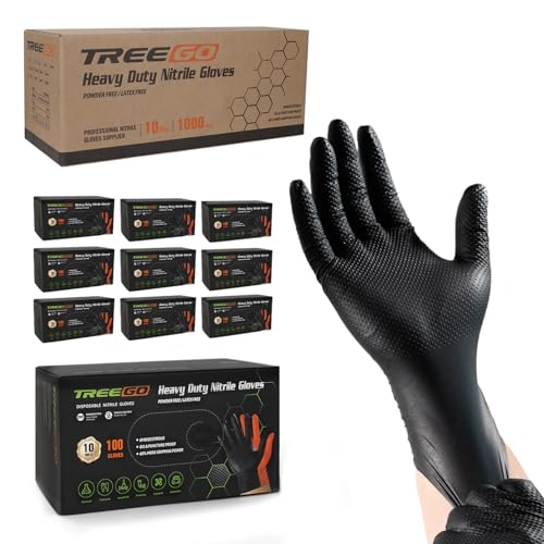 TREEGO 10 Mil Black Nitrile Gloves Bulk Case, 1000 Count Medium — Heavy Duty Diamond Grip, Latex Free Disposable Gloves for Automotive, Industrial, Warehouse & Shop Use - color: Black 1000, size: Medium