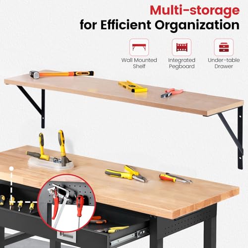 ENJOYWOOD 60" x 22" Heavy Duty Workbench Adjustable Height Garage Work Table with Solid Rubberwood Top, Drawer & Power Outlets for Workshop, Home & Office - size: X-Large