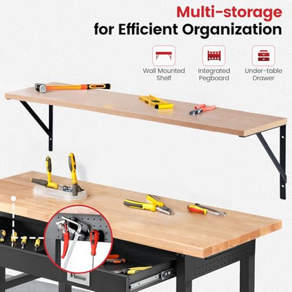 ENJOYWOOD 60" x 22" Heavy Duty Workbench Adjustable Height Garage Work Table with Solid Rubberwood Top, Drawer & Power Outlets for Workshop, Home & Office - size: X-Large