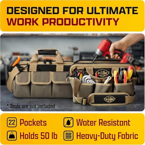 The Ryker Bag 14 Inch Wide Mouth Tool Bag Organizer Small Heavy Duty Tool Bags for Men/Women & Tool Organizer Tool Roll Small Car Portable Tool Bag Roll Up-Gifts for Dad