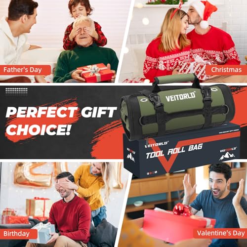Tool Roll Up Bag, Gifts for Him Men Dad Husband Boyfriend Fathers Day, 1680D Portable Tool Storage for Men, Heavy Duty Tool Organizer with Detachable Pouches&Wrench Roll for Mechanic - style: Roll-1680D-Green
