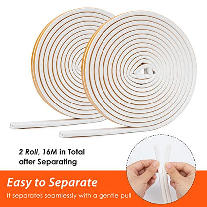 YOUSHARES 52.5 Feet Long Weather Stripping for Door, Insulation Weatherproof Doors and Windows Seal Strip,Collision Avoidance Rubber Self-Adhesive, (52.5 Ft/16m, White) - color: 16m/52.5ft White