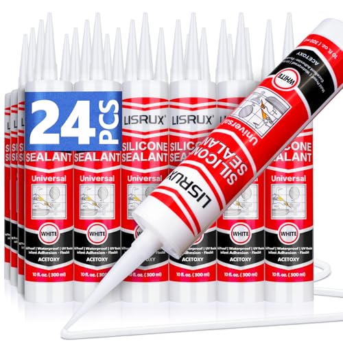 LISRUX Supreme Silicone Caulk for Kitchen & Bathroom, White, 10 fl oz Cartridge, 24 Pack - 100% Waterproof Silicone Sealant, Stronger Adhesion, Shrink & Crack Proof - size: 24P, style: White