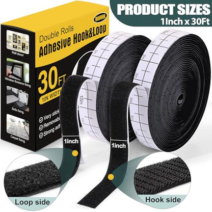 Navona 30Ft x 1 Inch Hook and Loop Strips with Adhesive, Double Rolls of Heavy Duty Self Adhesive Tape with Backing, Nylon Self Adhesive Tape for Home Office School and Crafting,Black - color: 1in x 30ft-black