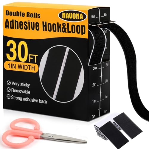 Navona 30Ft x 1 Inch Hook and Loop Strips with Adhesive, Double Rolls of Heavy Duty Self Adhesive Tape with Backing, Nylon Self Adhesive Tape for Home Office School and Crafting,Black - color: 1in x 30ft-black