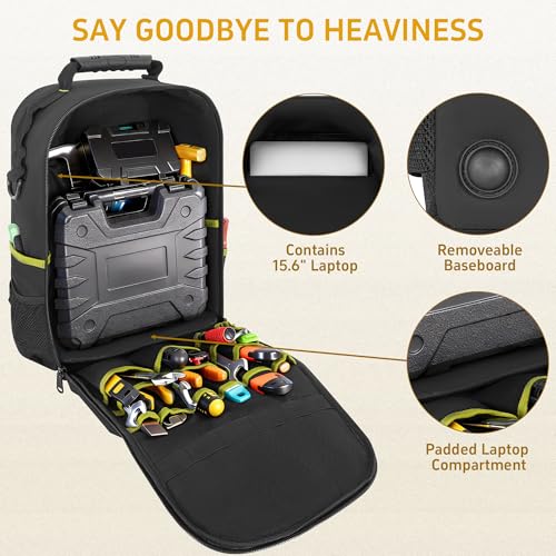 Backpack Tool Bag with Movable Base Plate, Heavy Duty Tool Storage with Removable Tool Organizer, Durable Water Resistant for Electricians & Home Repair-Version 4.0- Black&Yellow - color: Black&Yellow