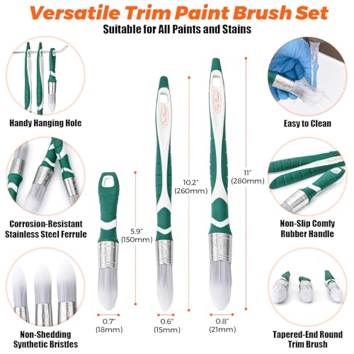 3pcs Trim Paint Brushes Set, 0.6", 0.7", 0.8" Small Paintbrush Synthetic Bristles, Long & Short Easy-Grip Rubber Handle, Trim Brushes for Painting Walls,Cabinets,Windows,Doors,Edges,Corners