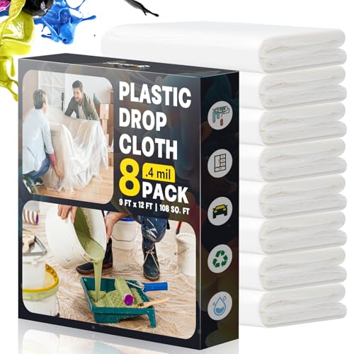 Plastic Drop Cloths for Painting, 9x12 Ft Extra Large Painting Supplies, Plastic Sheet Dust Cover for Furniture, Floor, Couch Protector (8-Pack) - size: 8 PCS 9x12 Ft