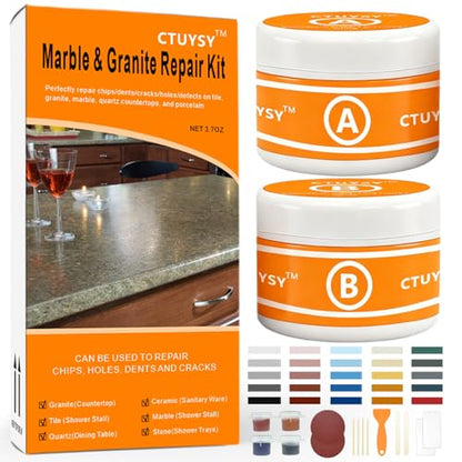 Granite and Quartz Countertop Chip Filler Repair Kit Tile & Fiberglass Porcelain Repair Kit,Marble Tub Repair Kit 3.7 OZ Cracks Ceramic Corian Bathtub Sink Toilet Dents Holes Scratchs