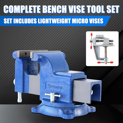 6" Heavy-Duty Bench Vise 13200LBS Stronger Clamping Force Ductile Iron Bench Vise 6 Inch 360° Swivel Bench Vice with Anvil Blue, Include Mini Bench Vice Clamp - size: 6-inch