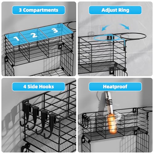 VITVITI Metal Hair Tool Organizer with Toilet Paper Basket, Bathroom Blow Dryer Curling Iron Holder Wall Mount, 2 Tiers Styling Tools Organizer for Straightener with Hooks, Black - color: Black 2 Tiers