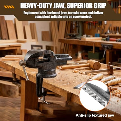 Bench Vise 3 Inch, Home Vise with 360° Swivel Base, Dual-Purpose Heavy Duty Cast Iron Table Vise, Clamp-On Vise for Woodworking, Metalworking, Drilling and DIY Projects