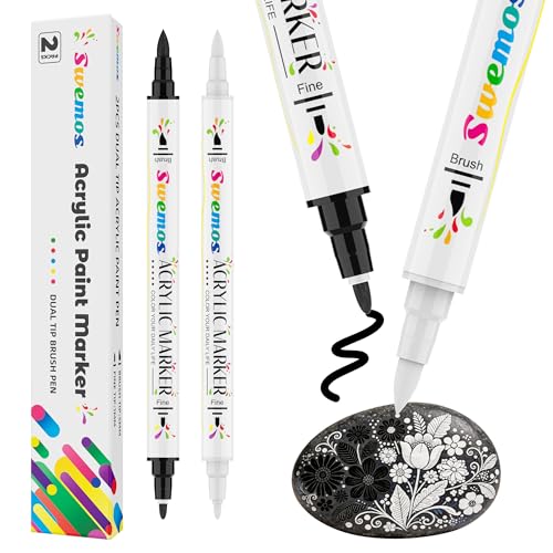 Swemos Acrylic Paint Pens Markers, Dual Tip with Fine Tip and Brush Tip Pens Acrylic Paint Markers Waterproof Acrylic Markers Set for Rock, Canvas Stone, Wood, Glass, Metal (BLACK+WHITE, 2) - style: BLACK+WHITE