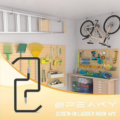 Screw in Ladder Hook, Black Heavy Duty Tool Holders 4PC, Bike Hooks, Wall Mount Garage Storage Hanger, Shelf Organizer for Hanging Bike, Ladder, Folding Chair, Cord - size: 5.7'' (Width:4.72'')