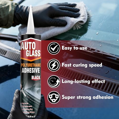 Polyurethane Windshield Sealant, Black Windshield Adhesive - High Viscosity, Fast Curing for Car Windshield/Back Glass Installation & Repair with Gloves, Applicator Tip (310ml*2)