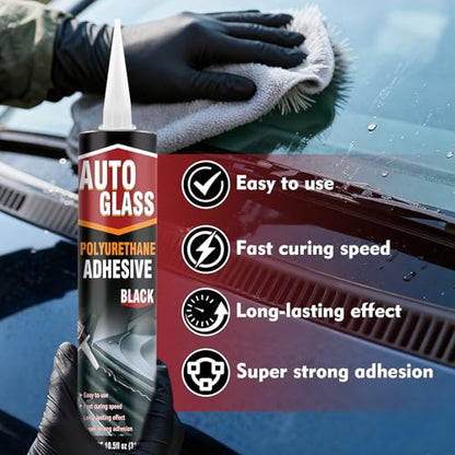 Polyurethane Windshield Sealant, Black Windshield Adhesive - High Viscosity, Fast Curing for Car Windshield/Back Glass Installation & Repair with Gloves, Applicator Tip (310ml*2)