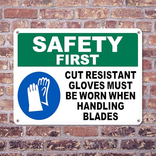 Safety First Warning Sign Aluminum Cut Resistant Gloves Required Handling Blades 12 * 8 Inch Rust Free Waterproof 4 Pre Drilled Holes for Workshop Garage Warehouse Factory Store