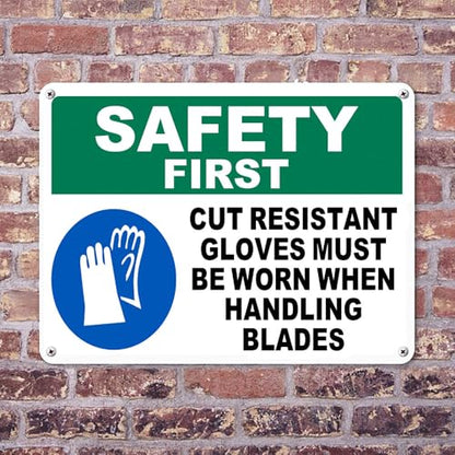 Safety First Warning Sign Aluminum Cut Resistant Gloves Required Handling Blades 12 * 8 Inch Rust Free Waterproof 4 Pre Drilled Holes for Workshop Garage Warehouse Factory Store
