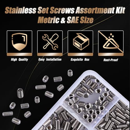 1150PCS Set Screws Assortment Kit, 26Sizes Metric & SAE Stainless Steel Screws, Allen Head Socket Hex Grub Set Screws for Bathroom Fixtures, Towel Bar (M3-M8, 1/8"-40 to 5/16"-18) - size: 1150pcs 26size