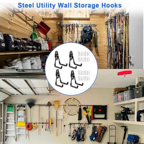 Heavy Duty Garage Storage Utility Hooks，Garden Bike Tool Hangers Organizer，Steel Wall Mount Power Hooks, Metal Small U Hooks for Hanging Ladders Ropes Hose Bulk Items, 4 Pack - size: 4 Pieces