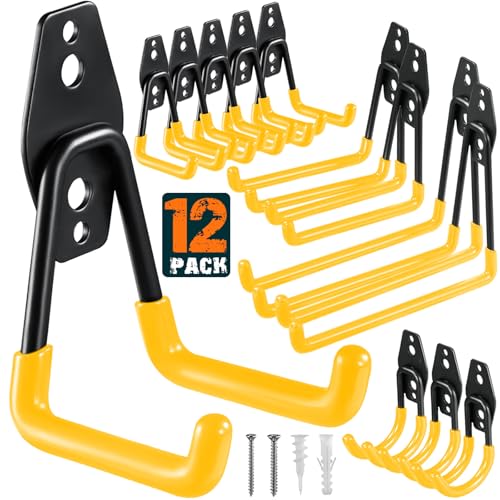 HUPBIPY 12 Pack Garage Hooks Heavy Duty Utility Steel with Anti-Slip Coating Wall Mount Storage Organizer for Hanging Power and Garden Tools, Ladders, Hose, Bikes, Ropes, Bulk Items, and More - color: 12 Pack Yellow