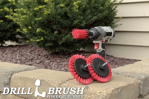 Drillbrush Hard Bristle Cleaning Brush for Crevices and Gaps - Drill Brush Attachments for Cleaning Brick and Cement - Brick Fireplace Cleaner Brushes - Cemetery Headstone Cleaner Kit for Graves - color: Red