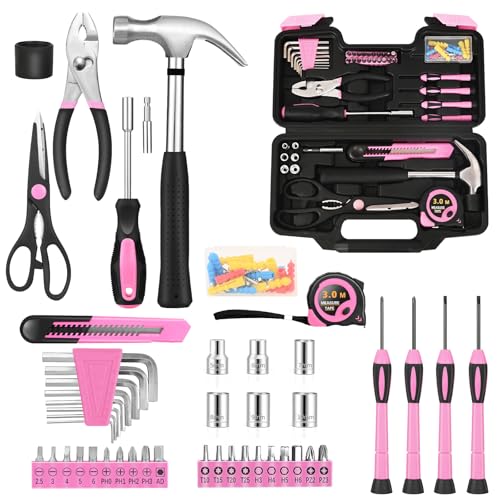 132 Piece Pink Tool Set, Womens Tool Kit for House, All Purpose Tool Kit for Home & Women, Small Home Repair Tool Set with Plastic Storage Toolbox for Garage, Office, College Dormitory, DIY Projects - color: Light Pink