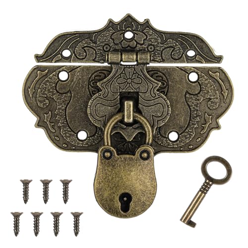 Antique Engraved Decorative Hasp Latch Lock and Mini Bear Padlock Kit Jewelry Box Hinges and Latches with Key and Mounting Screws Bronze Embossing Latch Hinges for Craft Wooden Furniture Projects