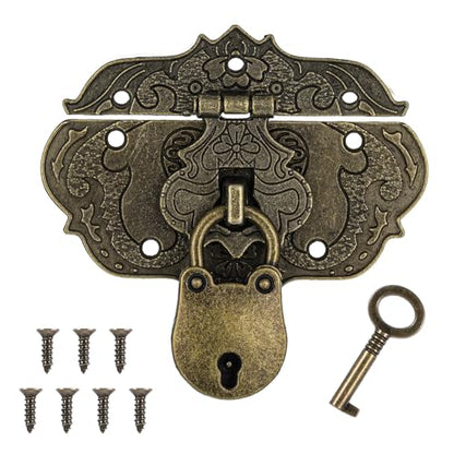 Antique Engraved Decorative Hasp Latch Lock and Mini Bear Padlock Kit Jewelry Box Hinges and Latches with Key and Mounting Screws Bronze Embossing Latch Hinges for Craft Wooden Furniture Projects