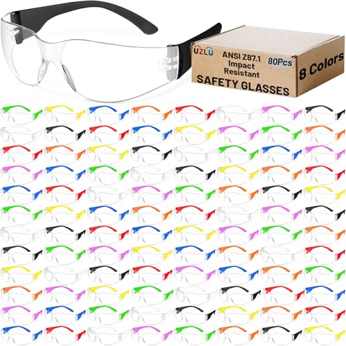 80 PCS 8 Colors Safety Glasses for Men Women ANSI Z87.1 Clear Safety Glasses Bulk, Impact & Scratch Resistant Eye Protection Glasses, Polycarbonate Safety Goggles, Construction Lab Work Outdoor - color: 8 Colors-80 Pcs, size: Wide temples