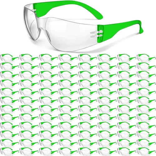 Yunsailing 100 Pack Bulk Safety Glasses Eye Protection Goggles Protective Eyewear for Lab Construction Site Workshop Group - color: Clear Lens and Green Frames