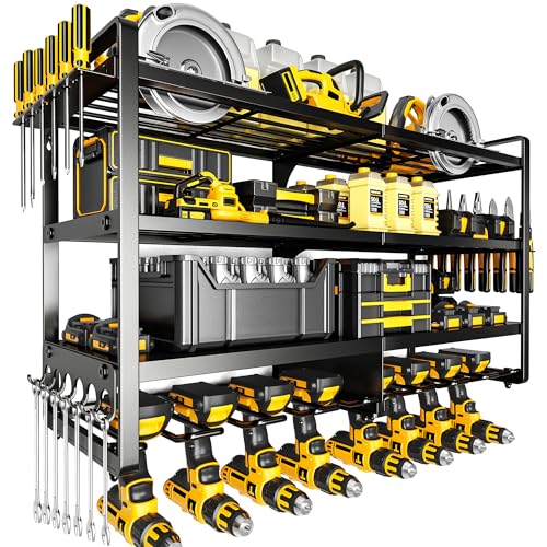 POKIPO Large Power Tool Organizer Wall Mount,4 Layers Heavy Duty Metal Loads 400lbs,Power Tool Shelf Battery Storage with 8 Cordless Drill Holder,Utility Racks for Garage Workshop - color: Black