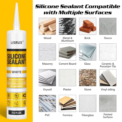 LISRUX Advanced Silicone Caulk for Window & Door, White, 15.2 fl oz Cartridge, 12 Pack - 100% Waterproof Silicone Sealant Indoor Outdoor Caulking, UV Resistant, Stronger Adhesion, Shrink & Crack Proof - size: 12P
