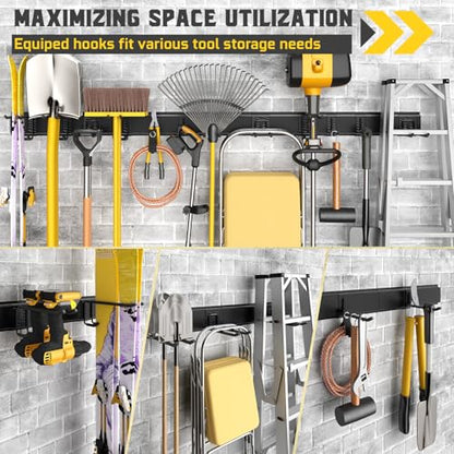 64" Garage Wall Tool Organizer, 900 Lbs Heavy Duty Steel Garden Tool Storage Rack & Garage Organization for Yard, Shed, Garage - 12 Longer & Thicker Hooks + 2 Straps - size: 64inch