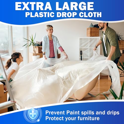 24 Pack 12 x 9 ft 0.4 MIL Large Painter’s Plastic Drop Cloth Painting Sheet-Light & Durable Dust Cover-Clear Plastic Sheet-Plastic Sheeting-Plastic Cover-Paint Drop Cloth- Plastic Floor Protector