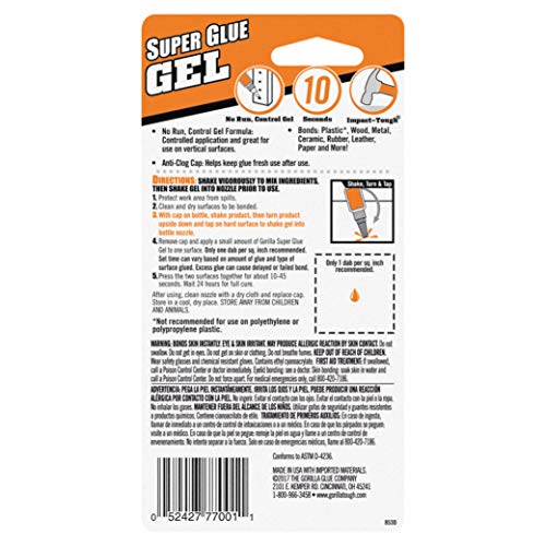 Gorilla Super Glue Gel, Clear Glue, 20 Gram (Pack of 1) - All Purpose and Fast Setting for Projects and Repairs - size: Pack of 1