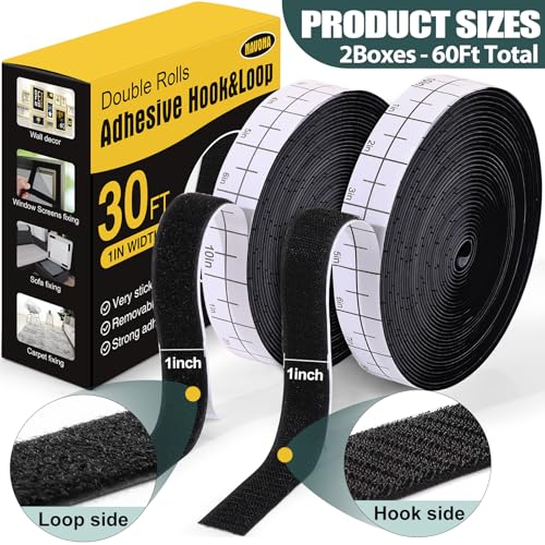Navona 2 Boxes Heavy Duty Hook and Loop Strips with Adhesive, 60Ft Total x 1 Inch Hook and Loop Tape with Backing for Home, Office, School, and Crafting Projects, Black - color: 1in x 30ft-black-2Boxes
