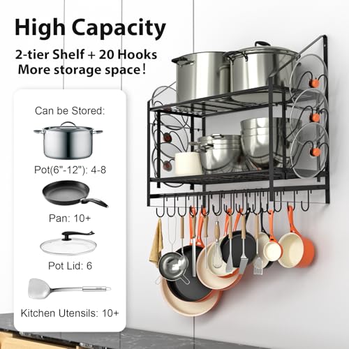 VyGrow 28 Inch Pot Rack Wall Mounted, 2 Tier Pots and Pans Organizer with 20 Hooks and 6 Pot Lid Holders, Heavy Duty Steel Pot and Pan Hanger for Kitchen Cookware Utensils Storage 34.7" Lx13 Wx26.4 H - color: 28"W 2 Tier Black
