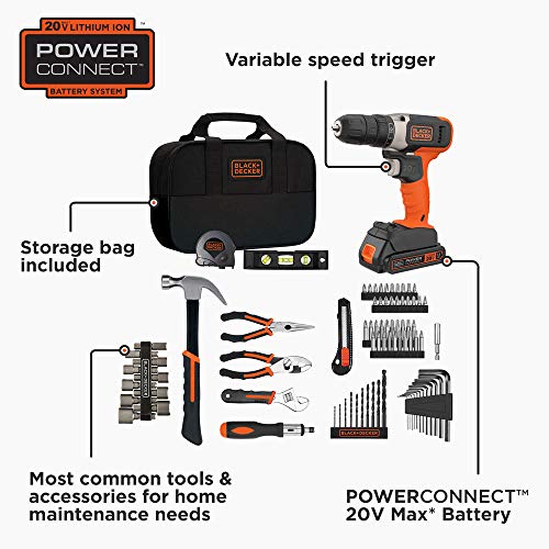 BLACK+DECKER Home Tool Kit with 20V MAX Drill/Driver, 83-Piece, 600 RPM (BDPK70284C1AEV)