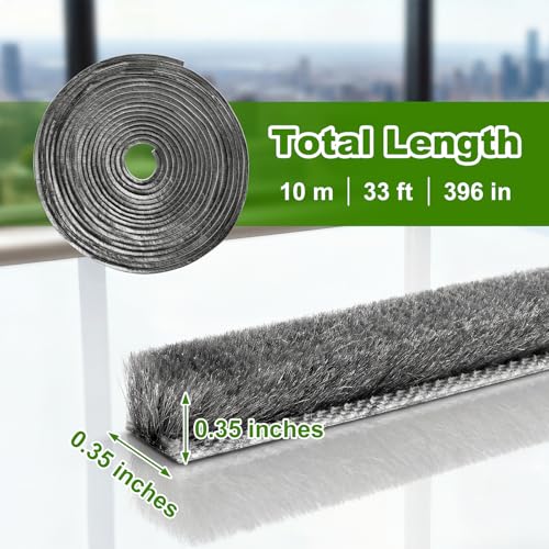 33FT Brush Weather Stripping, 0.35"W x 0.35"T High-Density Self-Adhesive Seal Strip for Doors and Glass Doors, Draft Blocker for Windproof, Dustproof, and Soundproof, Easy Cut & Install, Gray - size: 0.35" x 0.35"