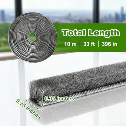 33FT Brush Weather Stripping, 0.35"W x 0.35"T High-Density Self-Adhesive Seal Strip for Doors and Glass Doors, Draft Blocker for Windproof, Dustproof, and Soundproof, Easy Cut & Install, Gray - size: 0.35" x 0.35"