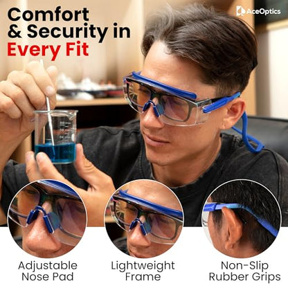 Safety Glasses & Goggles – ANSI Z87, Adjustable, 5X Anti-Fog ClearShield™ Lenses, Includes Premium EVA Hard Case - color: Blue